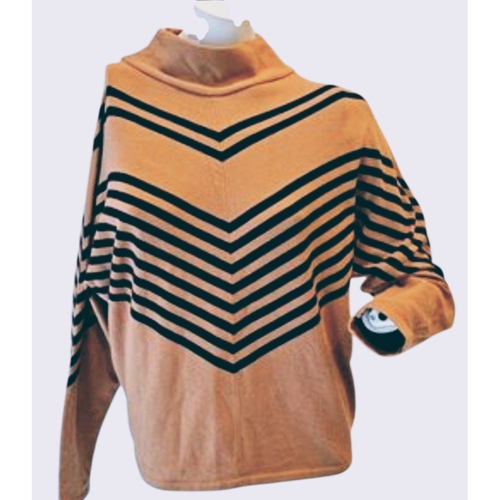 Tahari Chevron Stripe‎ Mock Neck Sweater Knit Brown/Tan & Black Women's Size L